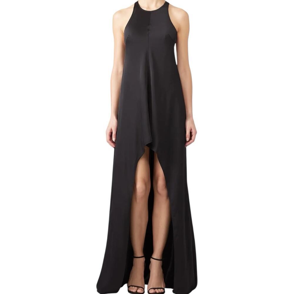 KAUFMANFRANCO Women’s Black Satin High Low Halter Sleeveless Gown Dress Size 12
